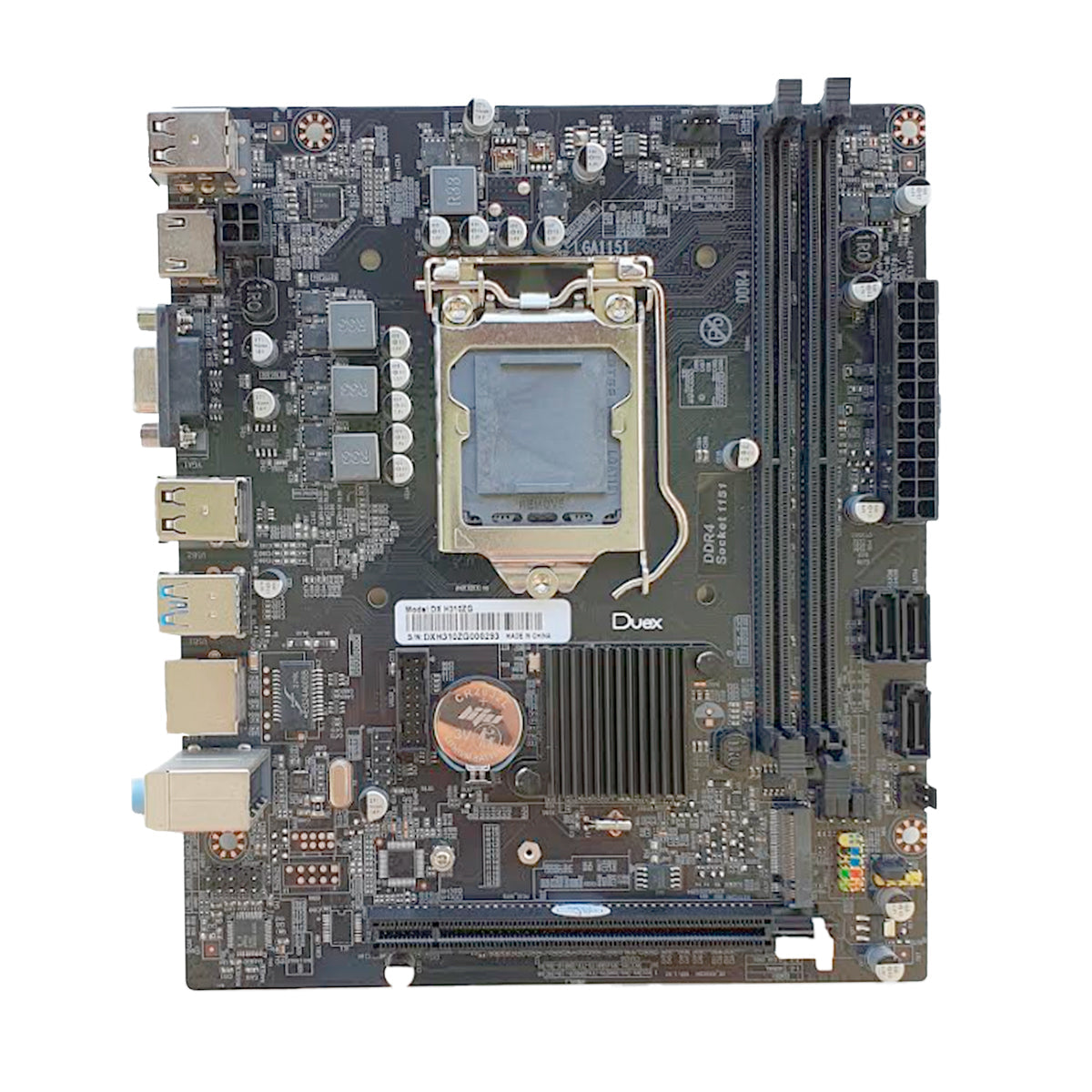 Placa Mãe Duex Intel H310 ZG para processadores Intel Core i7, i5, i3, com suporte para memória DDR4, HDMI e VGA. Ideal para computadores com soquete LGA 1151. Micro ATX.