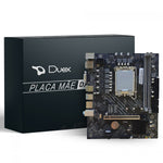 Placa Mãe Duex DX-H610ZG M2 H610 Intel LGA 1700 MATX DDR4 - Placa mãe preta com caixa preta ao lado, ideal para processadores Intel Core i9, i7, i5 e i3 de primeira geração. Suporta até 64GB de memória DDR4, HDMI, VGA e diversas portas para conectividade. Perfeita para montar ou atualizar seu PC.