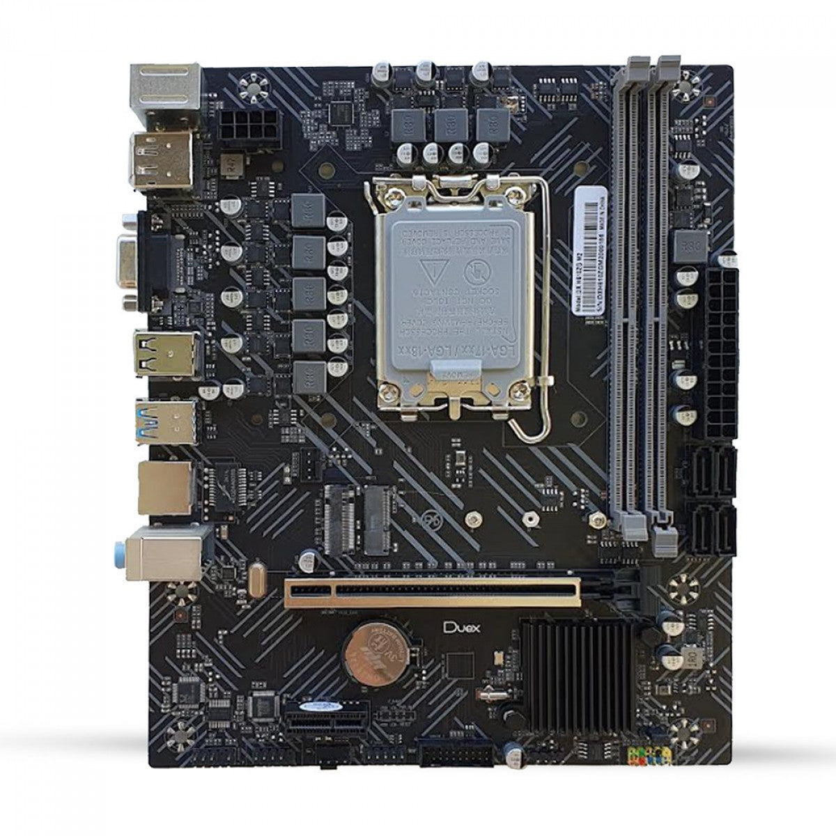 Placa Mãe Duex DX-H610ZG MATX DDR4 para Intel LGA 1700. Chipset H610, compatível com processadores Core i9, i7, i5 e i3. Suporta até 64GB de memória DDR4, HDMI, VGA e portas USB. Ideal para montagem ou atualização de computadores.