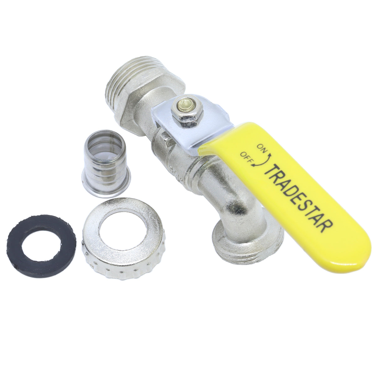 Torneira Esfera para Jardim Tradestar com bico 3/4 x 3/4 em metal, ideal para uso externo. Inclui componentes como anel de vedação e bucha de conexão. Torneira resistente e durável para irrigação e jardinagem.