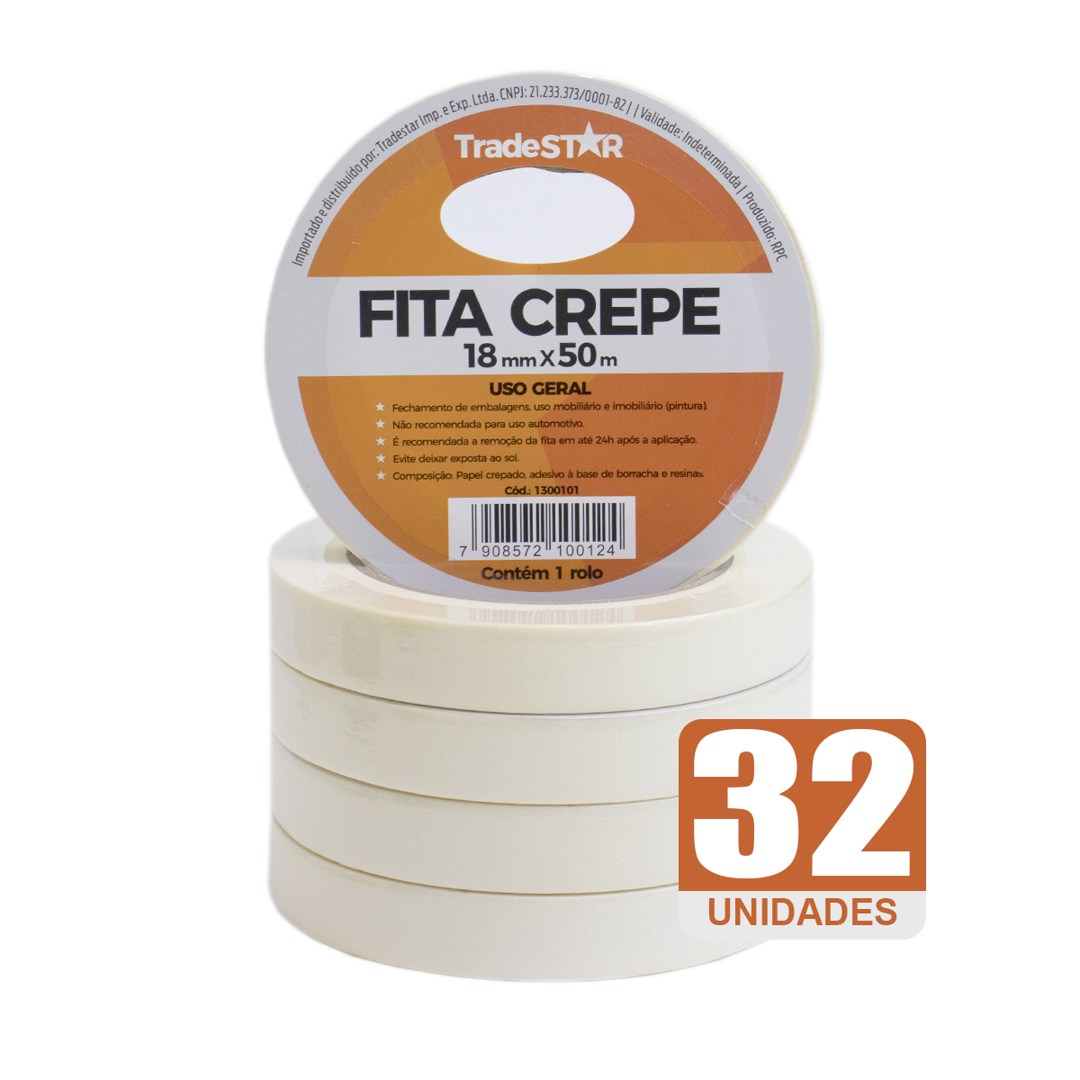 Fita adesiva crepe de papel 18mm x 50m TradeStar com 32 rolos, ideal para pintura, vedação, empacotamento e fixação. Fita crepe branca, fácil de aplicar e remover, não deixa resíduos. Uso geral em construção, decoração e indústria.
