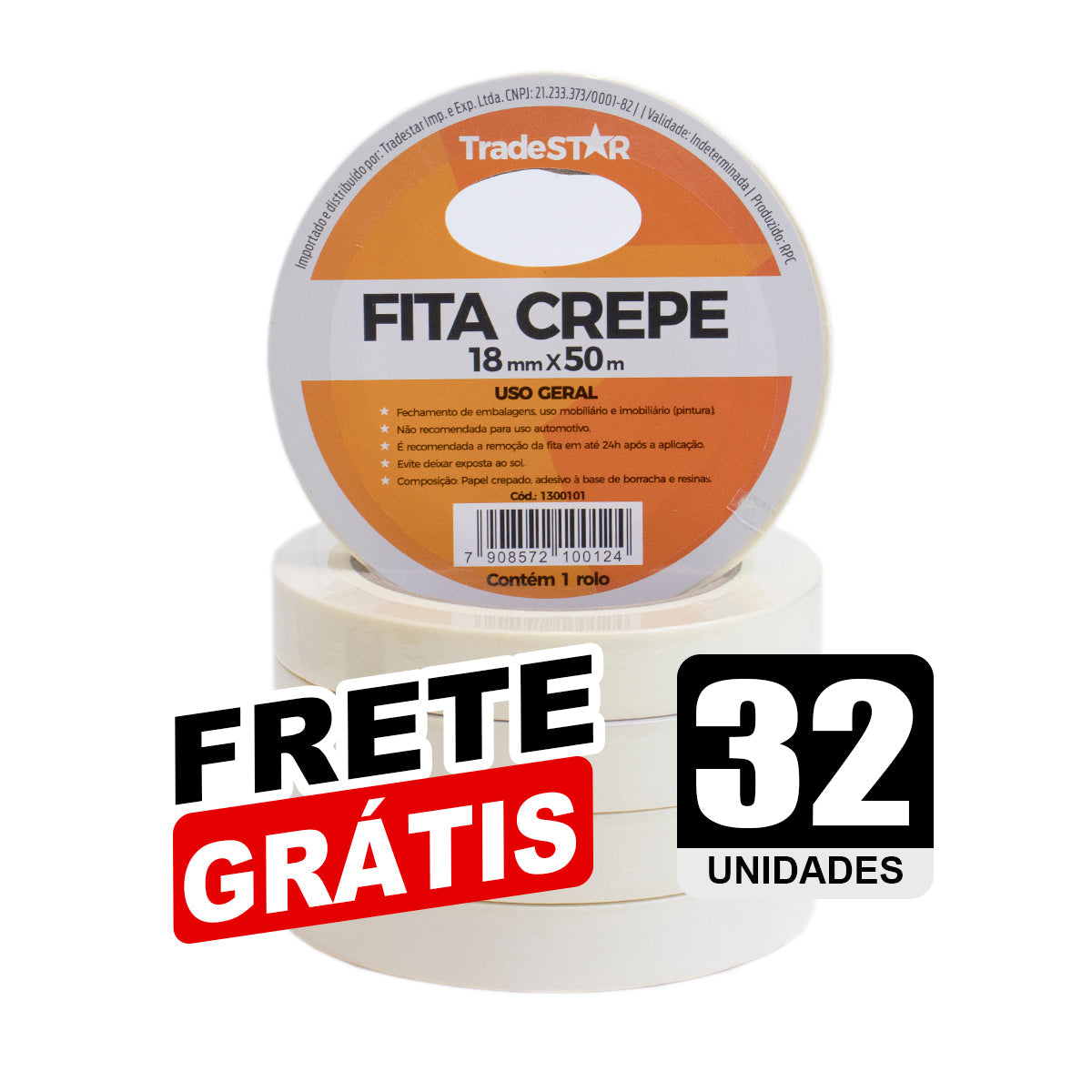 Fita adesiva crepe de papel TradeStar 18mm x 50m com 32 rolos, ideal para pintura, vedação, empacotamento e fixação. Frete grátis.
