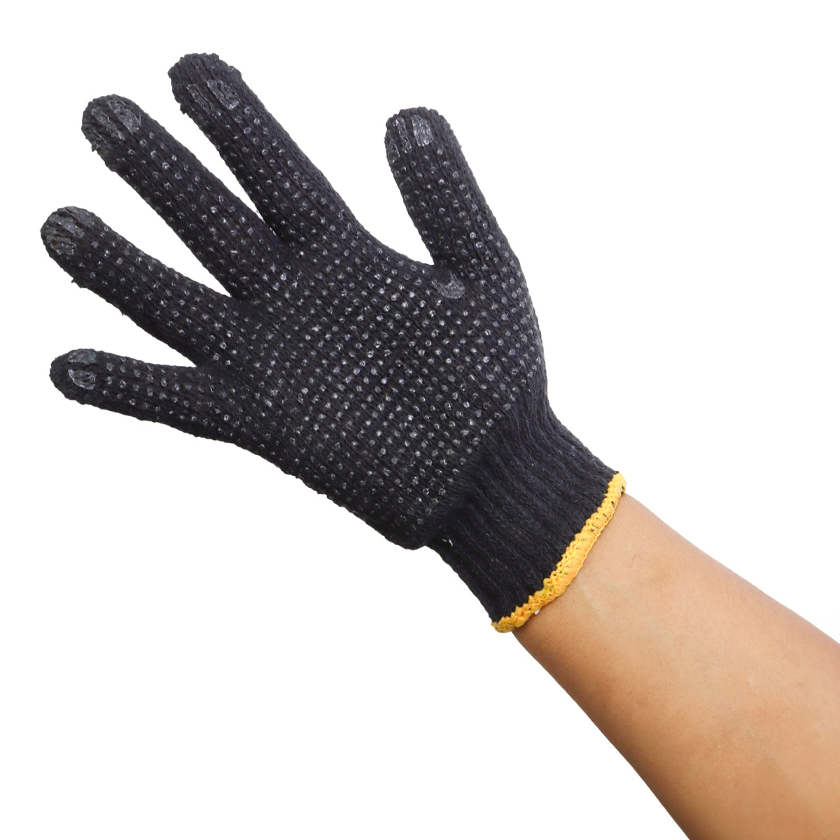 Luva de pano tricotada de malha pigmentada preta Tradestar, EPI para proteção das mãos. Kit com 12 pares, ideal para trabalhos manuais, industriais e jardinagem. Conforto e durabilidade garantidos.