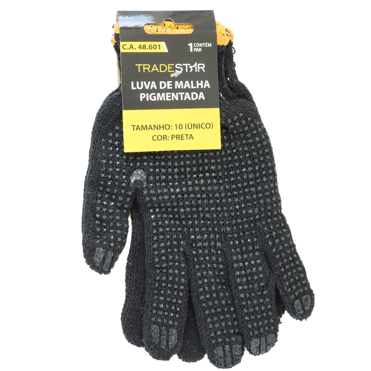 Luva de pano tricotada de malha pigmentada preta TradeStar, tamanho 10 (único), ideal para proteção em trabalhos manuais e industriais. EPI (Equipamento de Proteção Individual).
