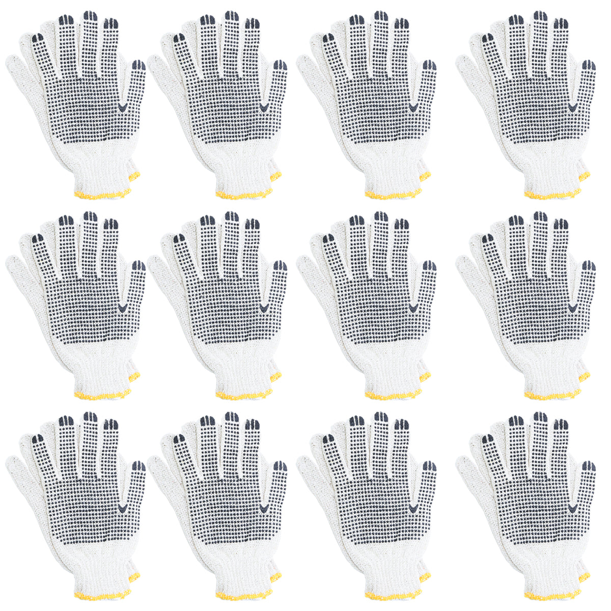 Luvas de pano tricotadas de malha pigmentada branca, kit com 12 pares EPI, ideais para proteção em trabalhos manuais, industriais e jardinagem. Luvas TradeStar com design confortável e durável.