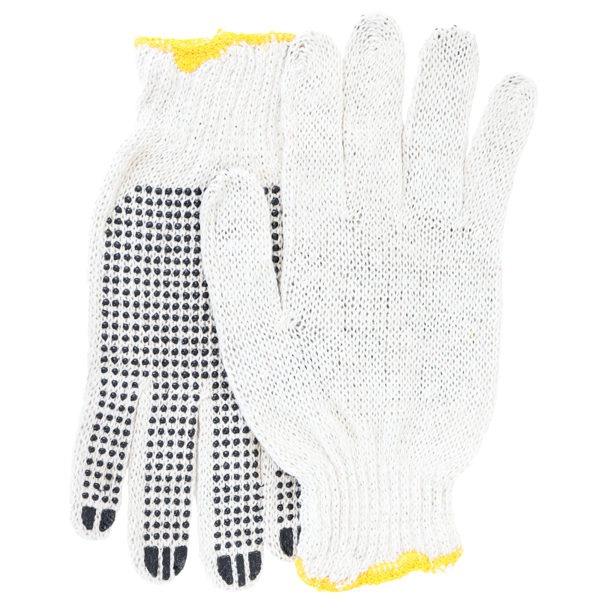 Luva de pano tricotada de malha branca pigmentada com bolinhas pretas na palma, ideal para proteção em trabalhos manuais, industriais e jardinagem. Luva EPI TradeStar, tamanho 10 polegadas, confortável e durável.
