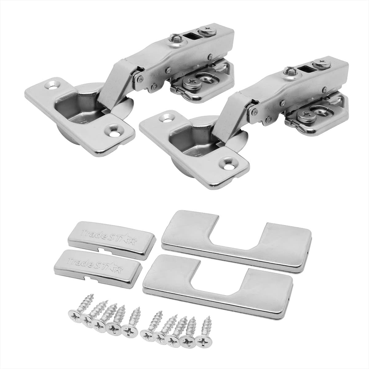 Kit com 8 dobradiças Click 3D 105° Soft Close com capas e parafusos para móveis. Dobradiças de aço niquelado, com amortecedor para fechamento suave e regulagem 3D. Ideal para portas de armários e gavetas, proporcionando um acabamento elegante e funcional.