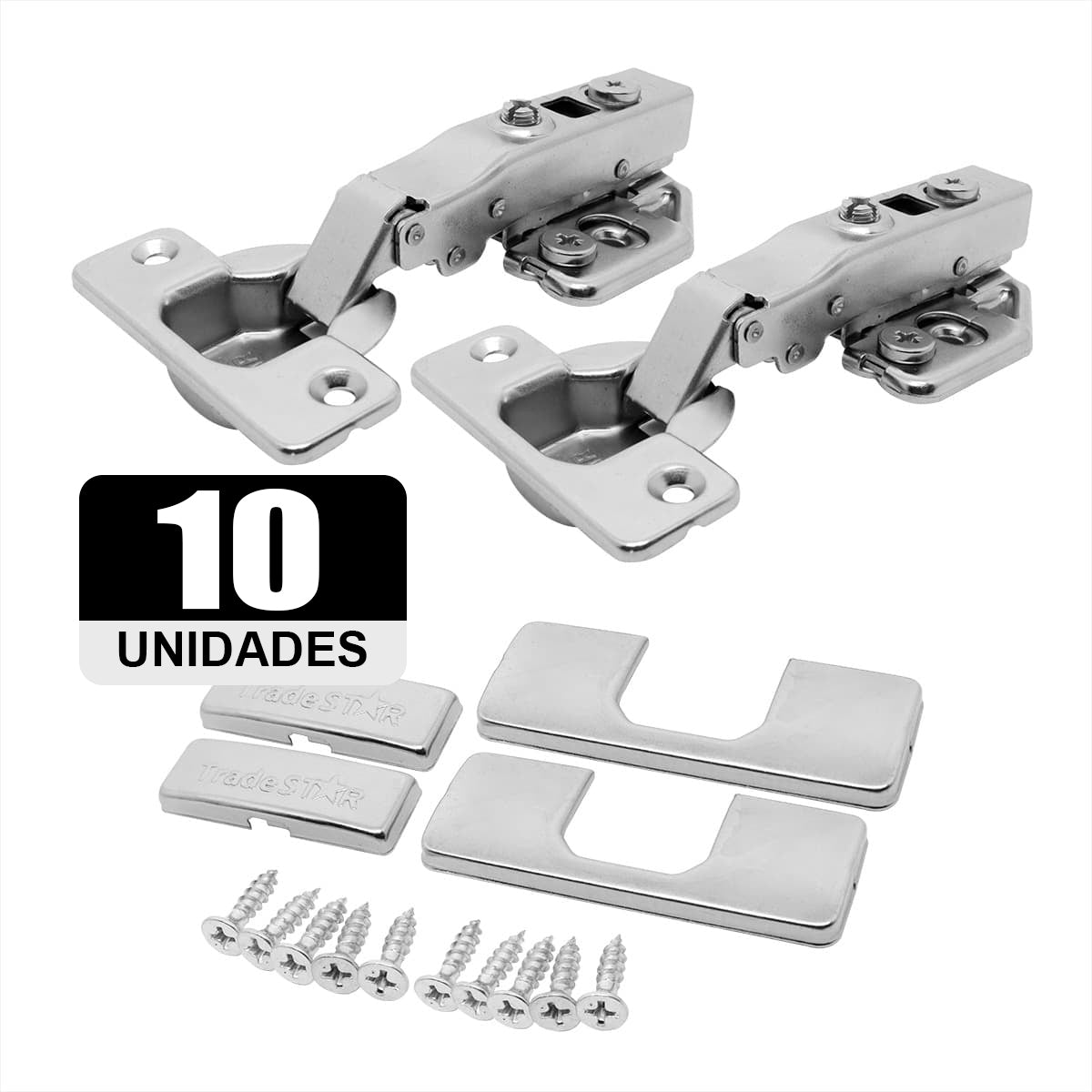 Kit 10 dobradiças Click 3D 105° Soft Close com capas e parafusos, ideal para móveis. Dobradiças clip on de aço niquelado, com amortecedor para fechamento suave e regulagem 3D. Inclui capas de braço e caneco.