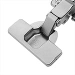 Kit 10 dobradiças click 3D 105° soft close com capas e parafusos, ideal para móveis. Dobradiça reta em aço niquelado, com amortecedor para fechamento suave, regulagem 3D e abertura de 105°. Inclui capa de braço, capa de caneco e parafusos. Compatível com espessuras de 14mm a 21mm.