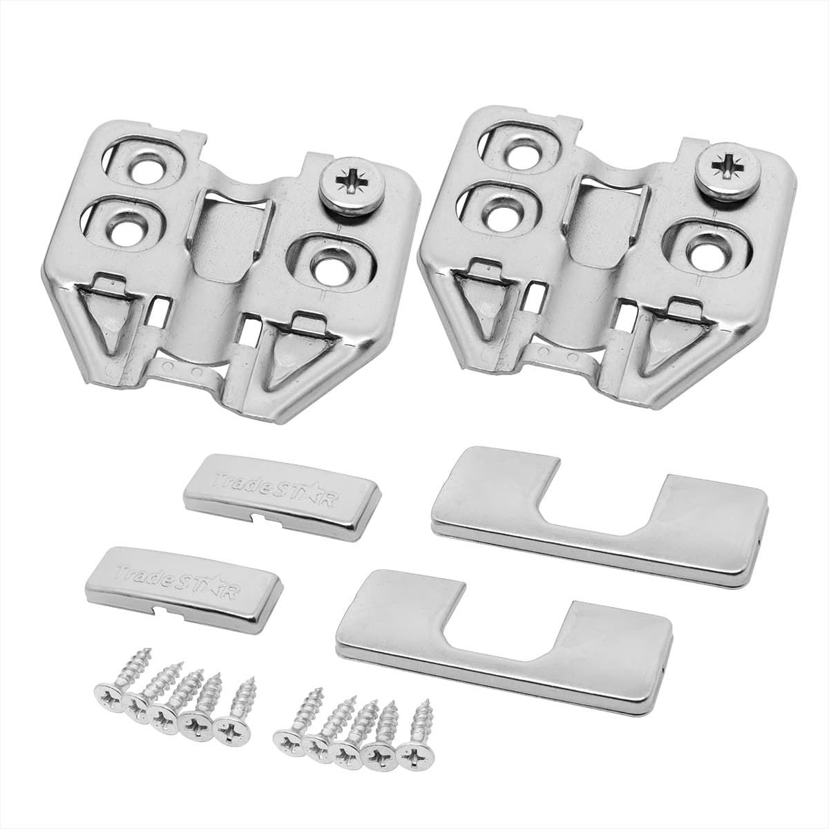 Kit 10 dobradiças Easy Tn Click curva com capa e parafuso Tradestar, dobradiça clip on 105 graus com soft close e regulagem 3D, ideal para móveis com fechamento suave e instalação fácil.