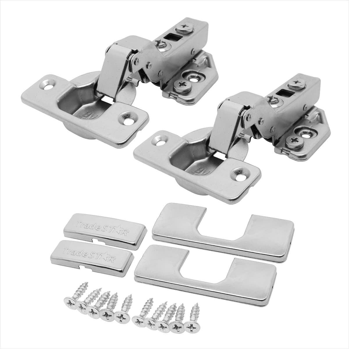 Kit 10 Dobradiças Easy Tn Click Alta Capa Parafuso Tradestar para móveis, dobradiça clip on 105 com soft close 3D alta, aço niquelado, capa de braço e caneco, parafusos inclusos, abertura 105 graus, regulagem 3D, fechamento suave, ideal para portas de armários e gavetas.