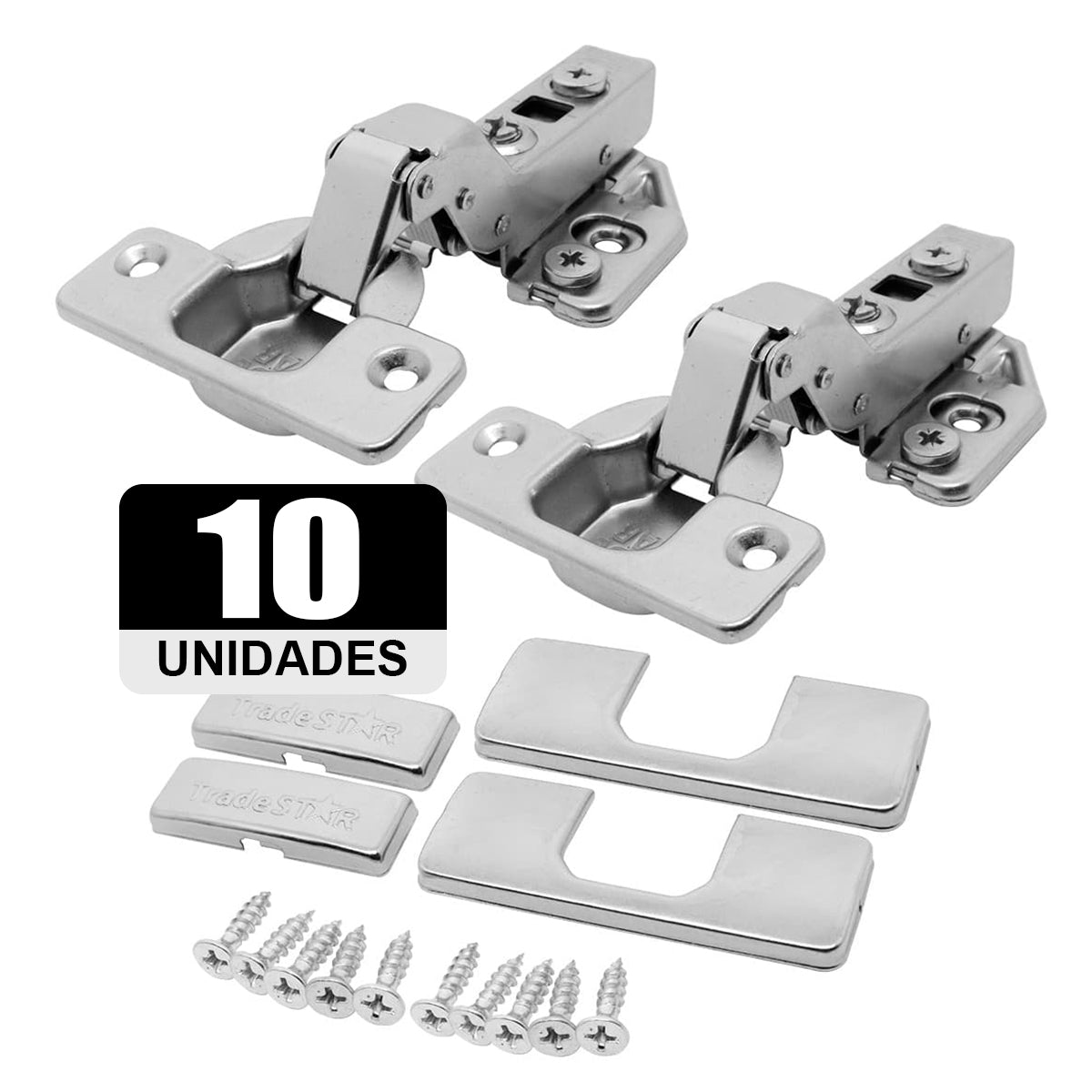 Kit 10 Dobradiças Easy Tn Click Alta Capa Parafuso Tradestar - Dobradiça clip on 105 com soft close 3D alta, aço niquelado, capa de braço e caneco, parafusos inclusos, abertura 105°, regulagem 3D, ideal para móveis. Conjunto com 10 unidades.