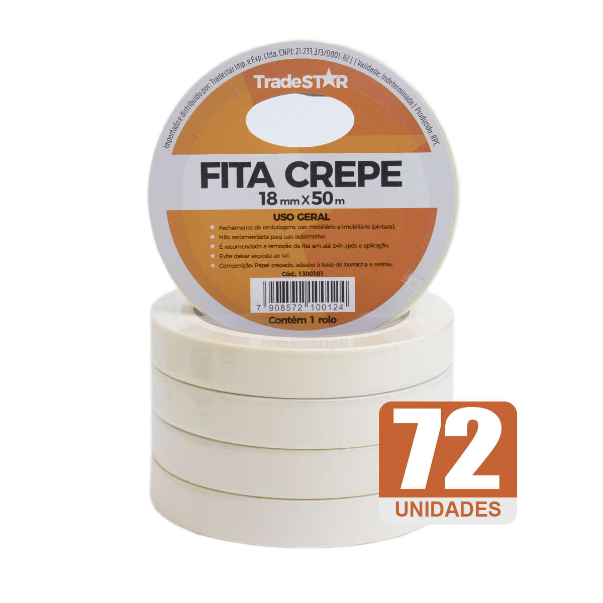 Fita adesiva crepe de papel TradeStar 18mm x 50m com 72 rolos, ideal para pintura, vedação, empacotamento e fixação. Fita crepe para uso geral, fácil de aplicar e remover, não deixa resíduos. Embalagem com 72 unidades.