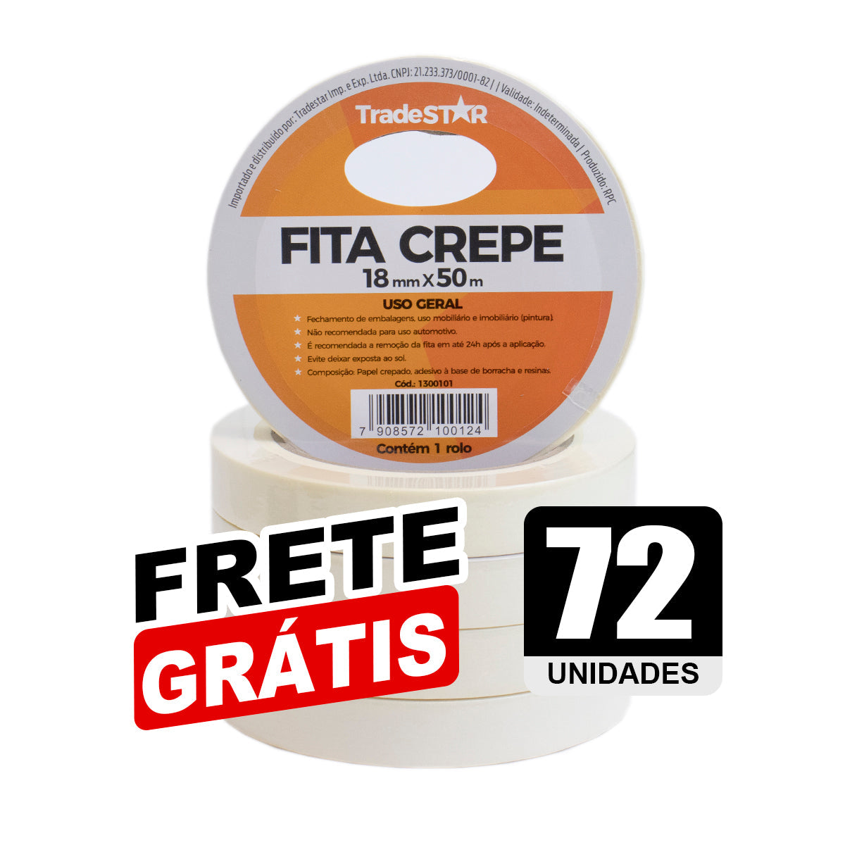 Fita adesiva crepe de papel TradeStar 18mm x 50m com 72 rolos, ideal para pintura, vedação, empacotamento e fixação. Frete grátis. Fita crepe para uso geral, com adesivo forte e fácil remoção, não deixa resíduos. Perfeita para decoradores, pintores, eletricistas e construção. Embalagem com 72 unidades.