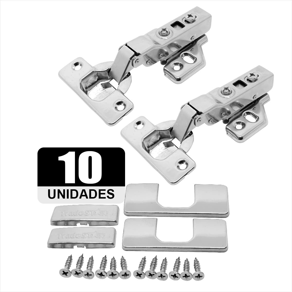 Kit 10 Dobradiça Easy Tn Click Curva Capa Parafuso Aço Inox para móveis, dobradiça clip on com soft close em aço inox 201, acompanha capa de braço, capa de caneco e parafusos. Ideal para portas de armários e gavetas, com abertura de 105° e fechamento suave.