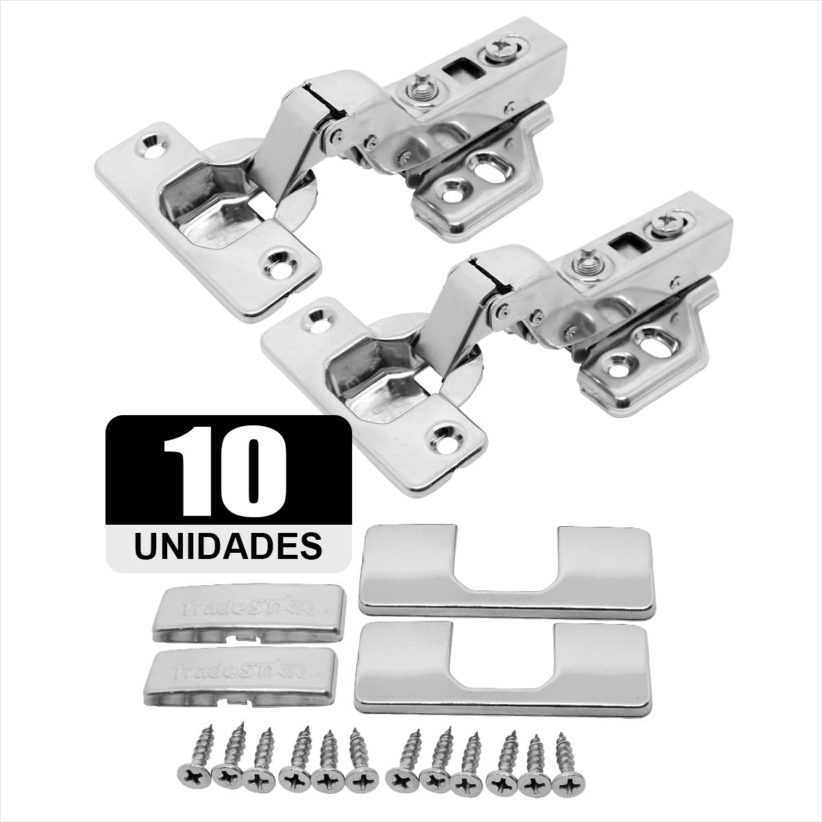 Kit 10 Dobradiças Easy Tn Click Alta com Capa e Parafuso em Aço Inox para móveis, com fechamento suave (soft close), abertura de 105 graus, 35mm de diâmetro e compatível com espessuras de 14mm a 23mm.