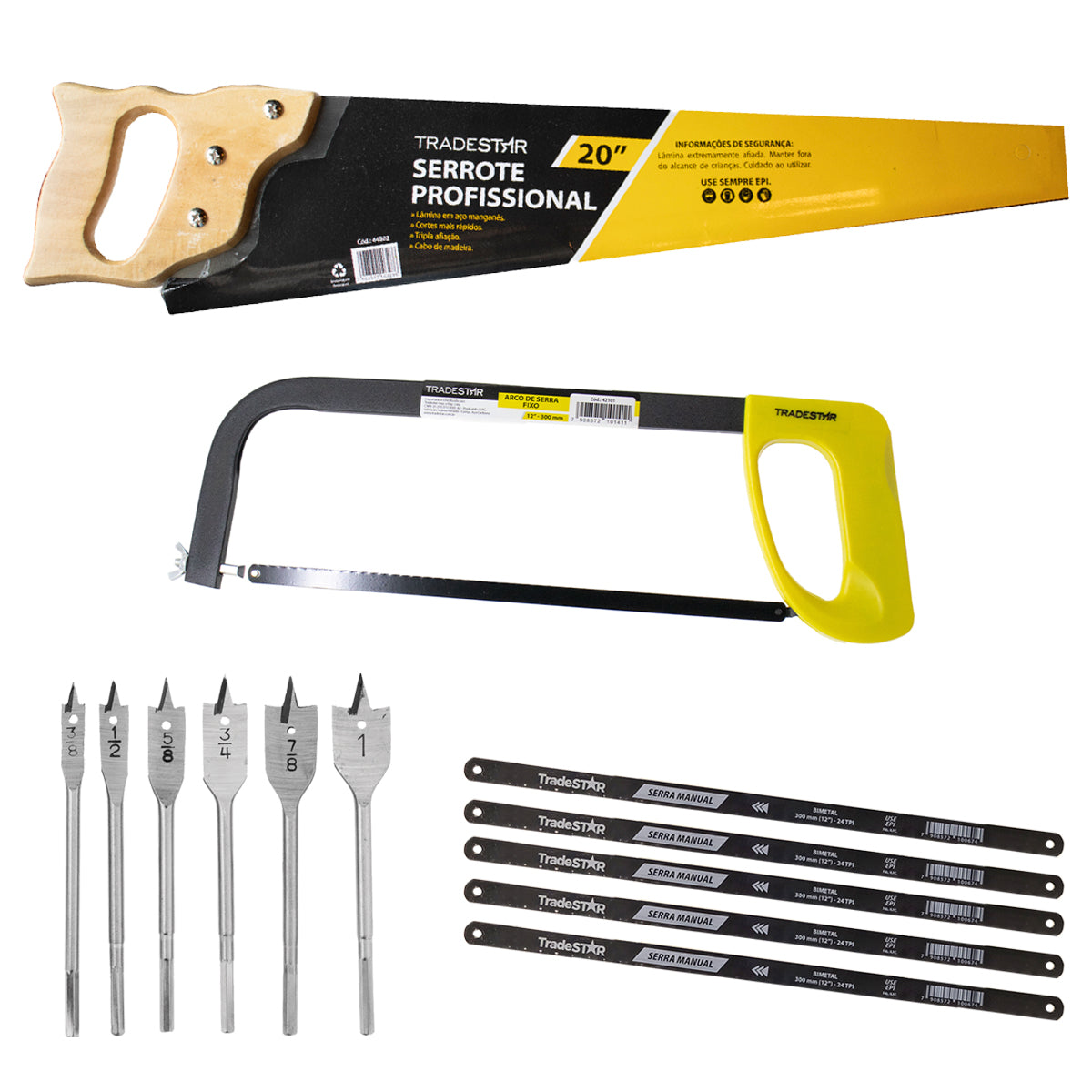 Kit de ferramentas para madeira Tradestar: serrote profissional 20" com cabo de madeira, serra arco de serra fixo, jogo de brocas chatas e lâminas de serra manual. Ideal para cortes precisos e trabalhos em madeira.