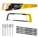 Kit de ferramentas para madeira Tradestar: serrote profissional 20" com cabo de madeira, serra arco de serra fixo, jogo de brocas chatas e lâminas de serra manual. Ideal para cortes precisos e trabalhos em madeira.