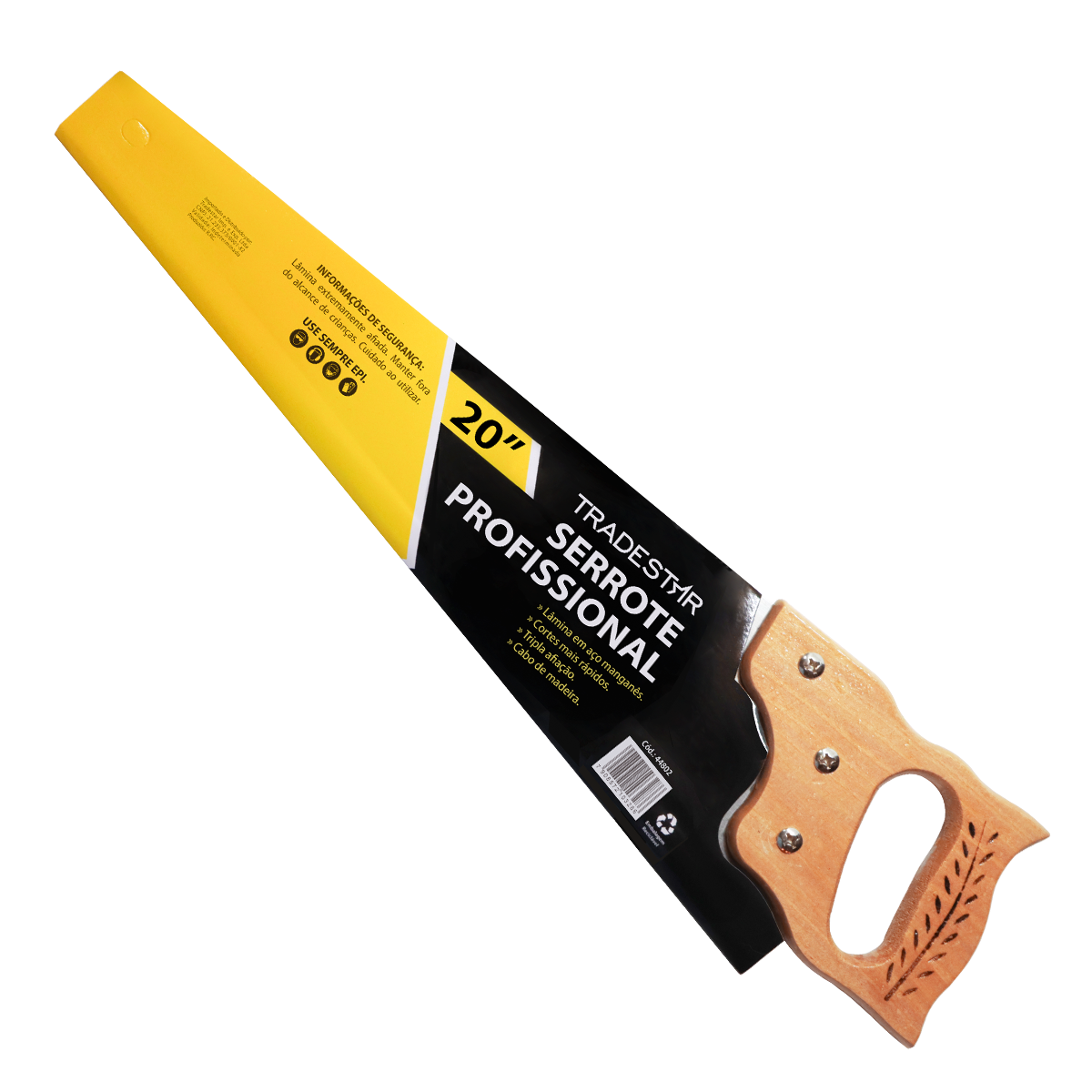Kit Serrote Madeira Serrinha Tradestar 20" Profissional e Jogo de Brocas Chatas para Madeira - Ferramentas para corte e perfuração em madeira, ideal para marceneiros e trabalhos manuais. Inclui serrote com cabo de madeira, serrinha, brocas chatas e lâminas de serra.