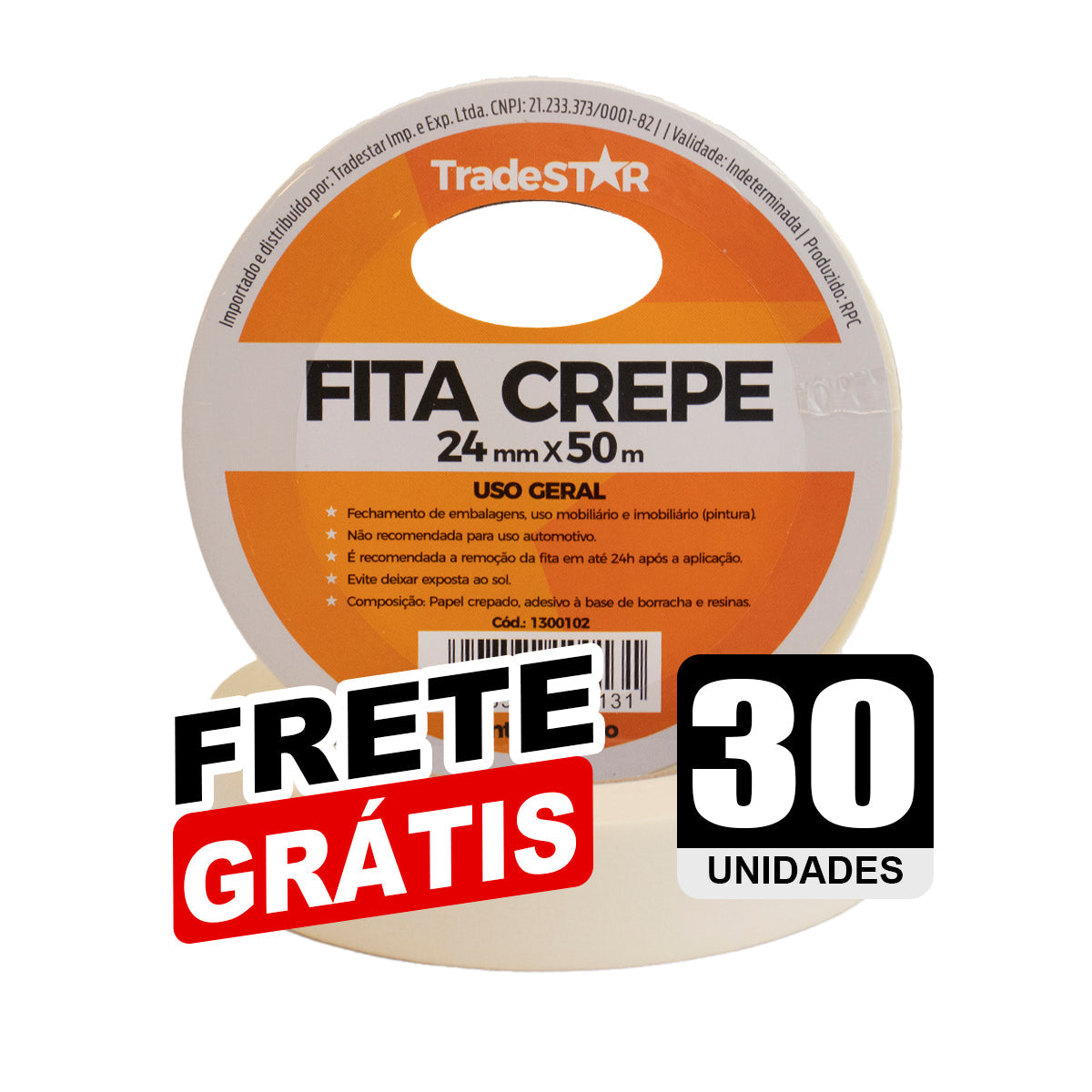 Fita adesiva crepe de papel TradeStar 24mm x 50m, kit com 30 rolos, ideal para uso geral em fechamento de embalagens, uso mobiliário e imobiliário, com frete grátis.