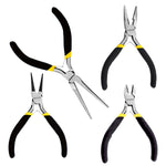 Jogo 4 Mini Alicates Eletrônica Bijuterias Artesanato Pro - Kit completo com alicate de corte diagonal, bico meia cana reto, bico redondo e bico longo para trabalhos precisos em eletrônica, bijuterias e artesanato. Ferramentas de alta qualidade para profissionais e hobbistas.