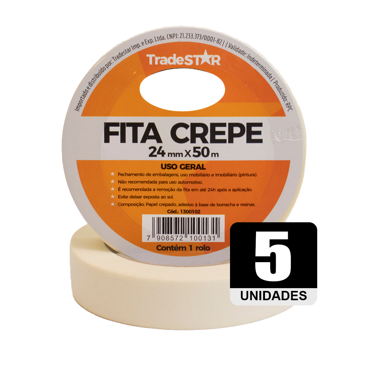 Fita adesiva crepe TradeStar 24mm x 50m (kit com 5 rolos). Ideal para uso geral em fechamento de embalagens, uso mobiliário e imobiliário (pintura). Fita de alta resistência, fácil de aplicar e remover, não deixa resíduos. Compre agora e garanta um acabamento profissional em seus projetos!
