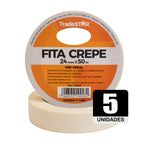 Fita adesiva crepe TradeStar 24mm x 50m (kit com 5 rolos). Ideal para uso geral em fechamento de embalagens, uso mobiliário e imobiliário (pintura). Fita de alta resistência, fácil de aplicar e remover, não deixa resíduos. Compre agora e garanta um acabamento profissional em seus projetos!