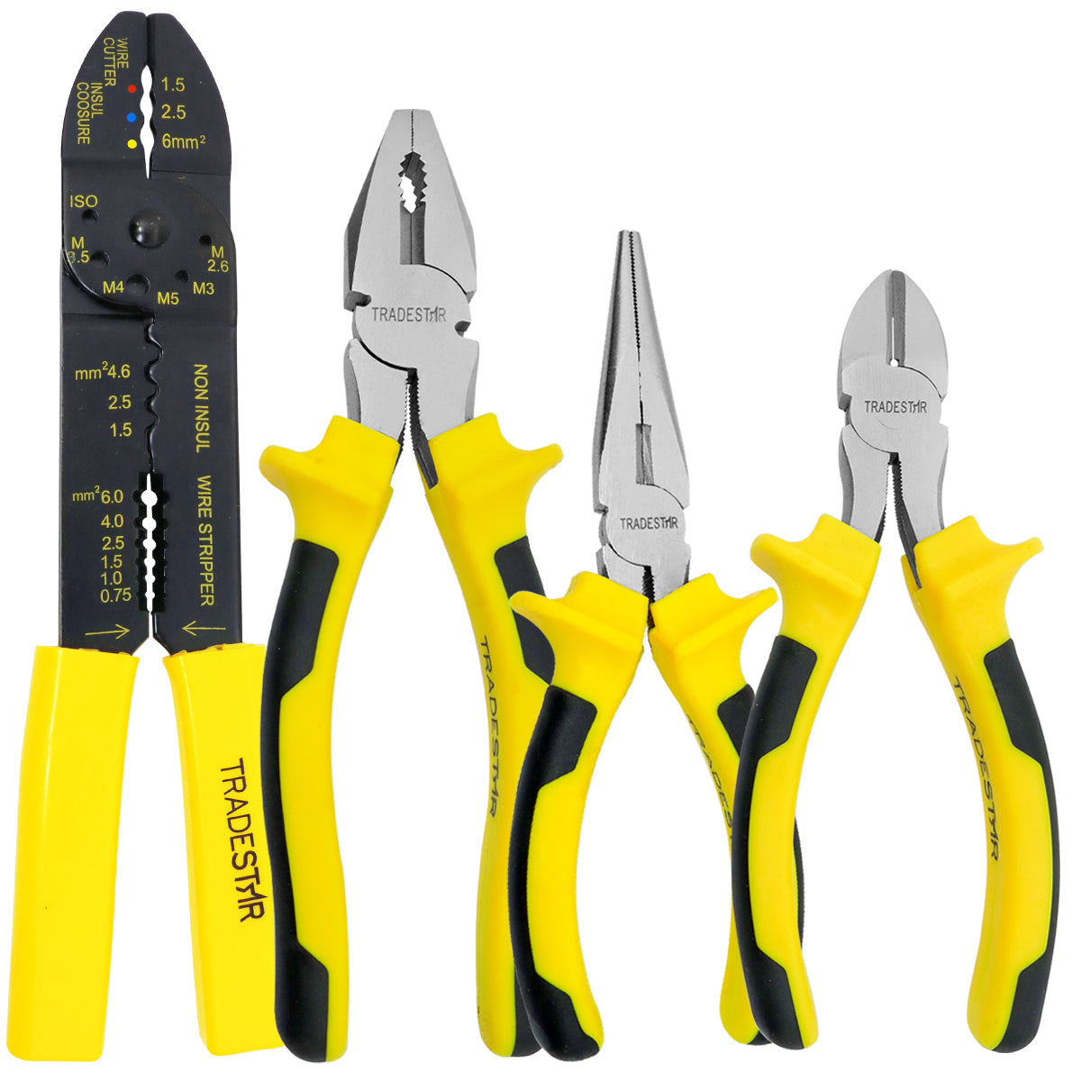 Kit Jogo 4 Alicates Tradestar para Eletricista: Alicate de corte diagonal, alicate de bico longo, alicate universal e alicate multiuso. Ferramentas essenciais para trabalhos elétricos, com cabos ergonômicos e alta durabilidade.