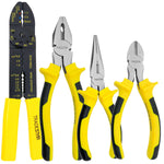 Kit Jogo 4 Alicates Tradestar para Eletricista: Alicate de corte diagonal, alicate de bico longo, alicate universal e alicate multiuso. Ferramentas essenciais para trabalhos elétricos, com cabos ergonômicos e alta durabilidade.