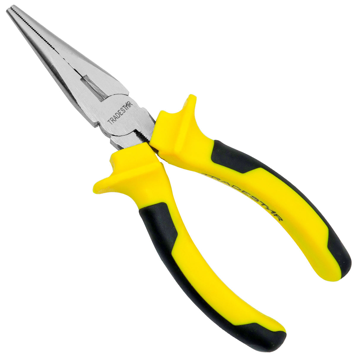 Alicate de bico longo Tradestar com cabo amarelo e preto, ferramenta essencial para eletricistas. Kit com 4 alicates para corte, elétrica e uso geral.
