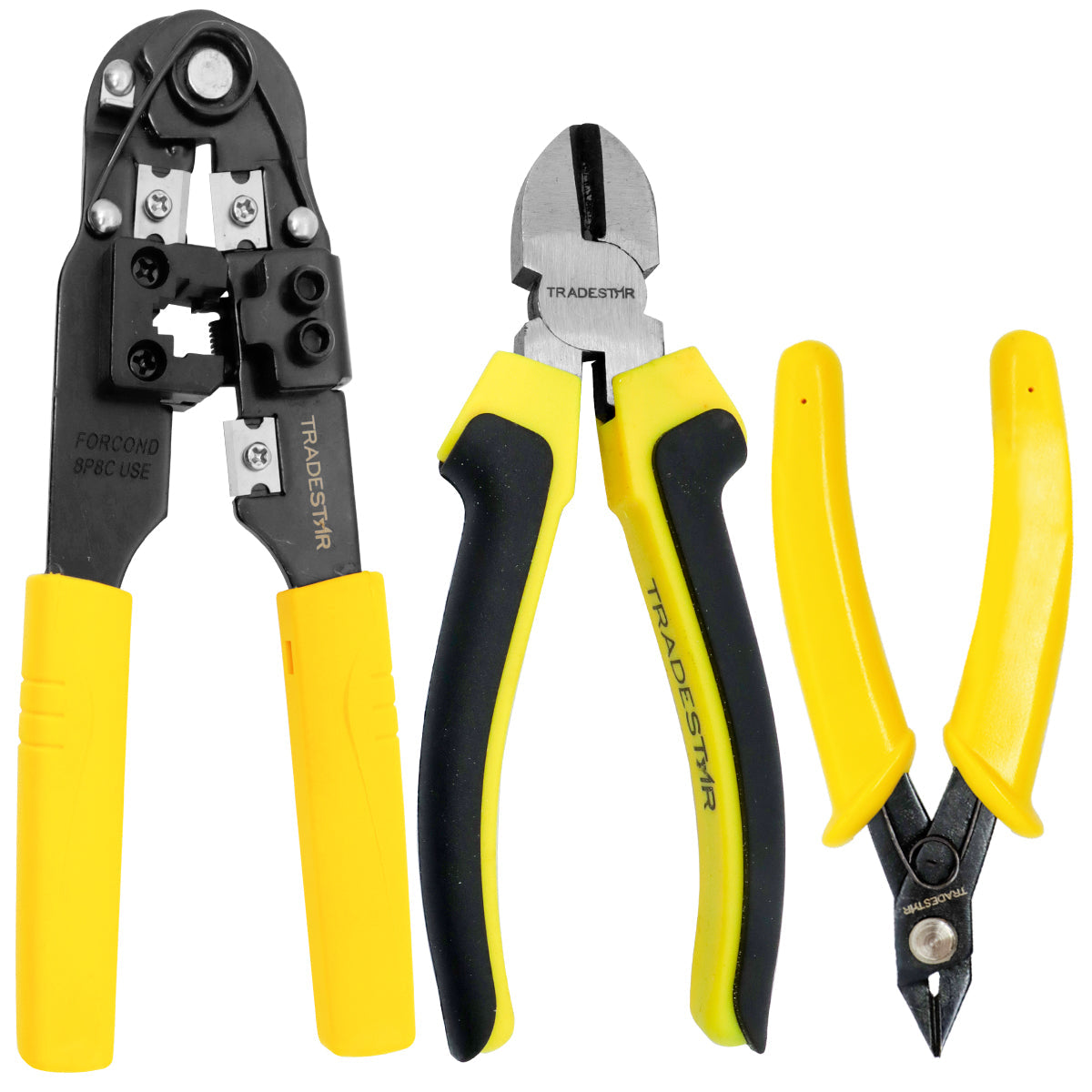 Kit 3 alicates Tradestar para crimpagem RJ45, corte de precisão e eletrônica. Inclui alicate crimpador RJ45, alicate de corte diagonal e alicate de corte de precisão, ideal para redes, eletrônica e impressão 3D.