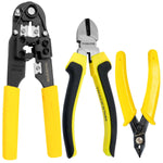 Kit 3 alicates Tradestar para crimpagem RJ45, corte de precisão e eletrônica. Inclui alicate crimpador RJ45, alicate de corte diagonal e alicate de corte de precisão, ideal para redes, eletrônica e impressão 3D.