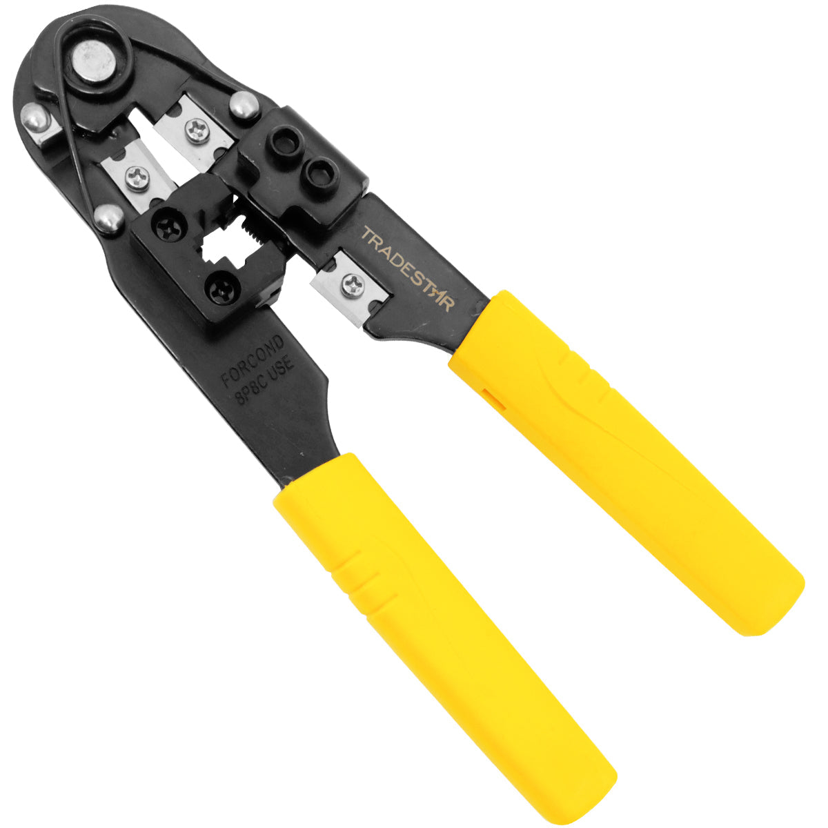 Alicate crimpar RJ45 Tradestar com cabo amarelo, ferramenta para crimpagem de conectores de rede e corte de fios. Ideal para projetos de rede, eletrônica e impressão 3D.