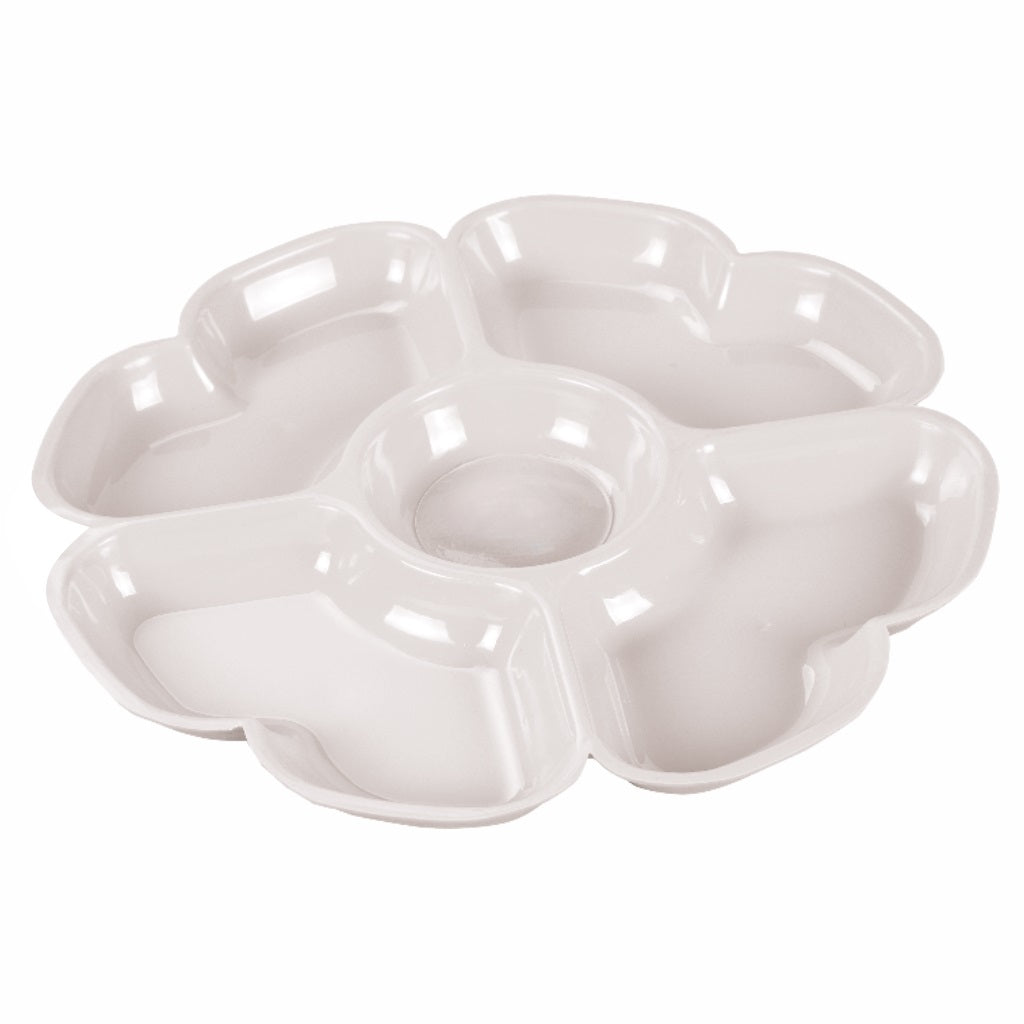 Petisqueira Flor Redonda com 5 divisórias branca, 26,5x2cm, ideal para servir petiscos, aperitivos e acompanhamentos com elegância. Perfeita para festas, reuniões e uso diário. Feita de plástico resistente e fácil de limpar.