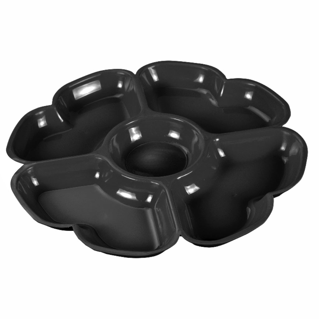 Petisqueira Flor Redonda com 5 Divisórias para servir petiscos, aperitivos e acompanhamentos. Ideal para festas e uso diário. Feita de plástico resistente, com design elegante e fácil de limpar. Contém azeitonas, queijo, salame, pimenta e outros petiscos.