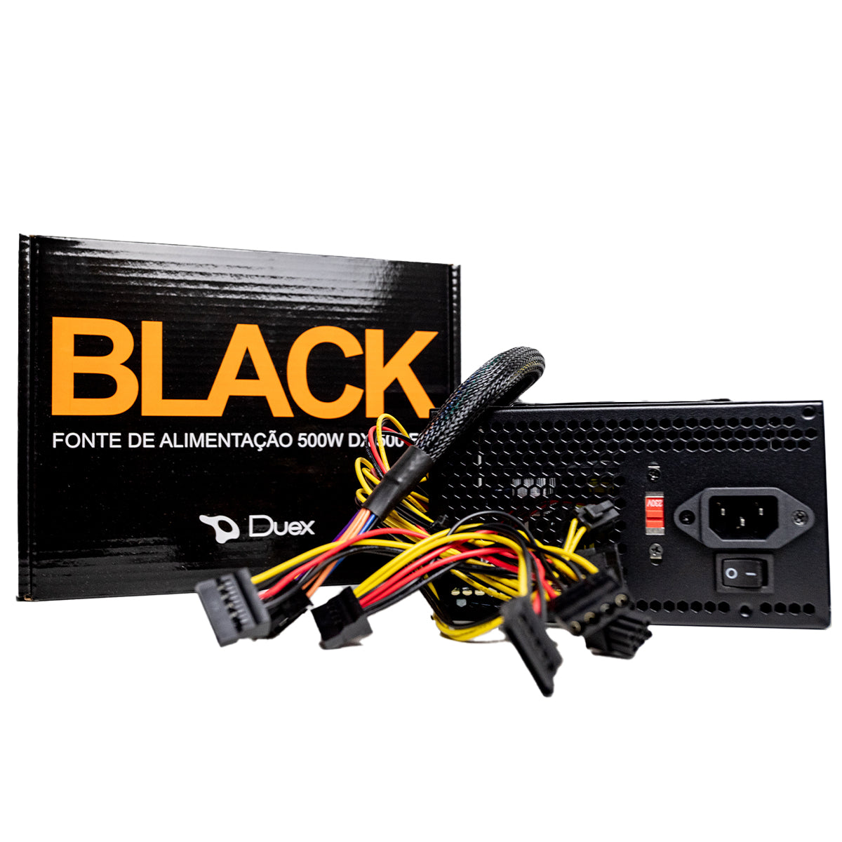 Fonte de Alimentação para PC Duex ATX 500W DX 500FSE Preta - Imagem da fonte de alimentação com caixa preta e detalhes dos conectores. Ideal para garantir energia estável e eficiente para seu computador.
