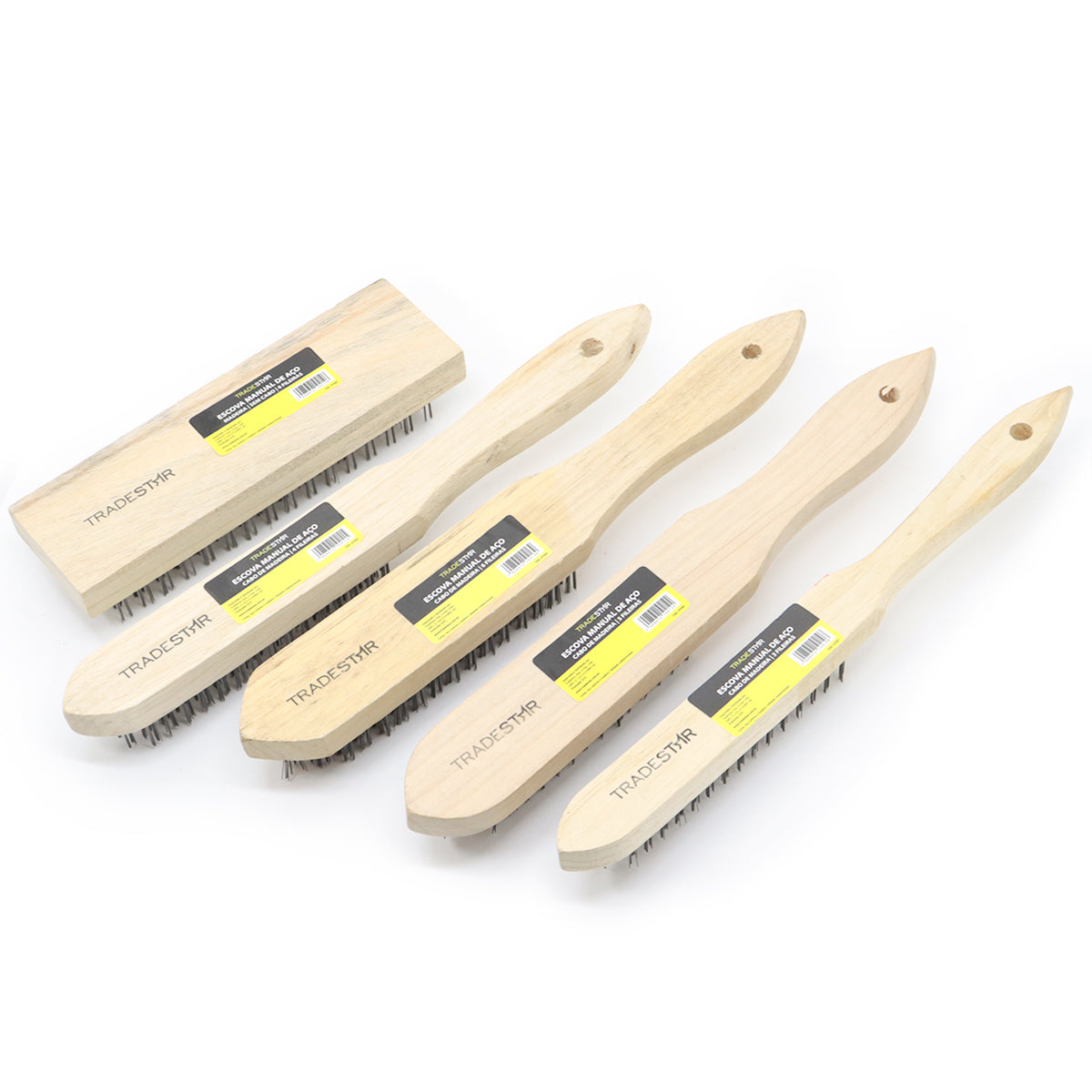 Kit com 5 escovas de aço com cabo de madeira Tradestar para limpeza e preparação de superfícies. Inclui escovas com 3, 4, 5 e 6 fileiras e uma escova sem cabo, ideal para remover ferrugem, sujeira e resíduos em projetos de bricolagem e uso geral.