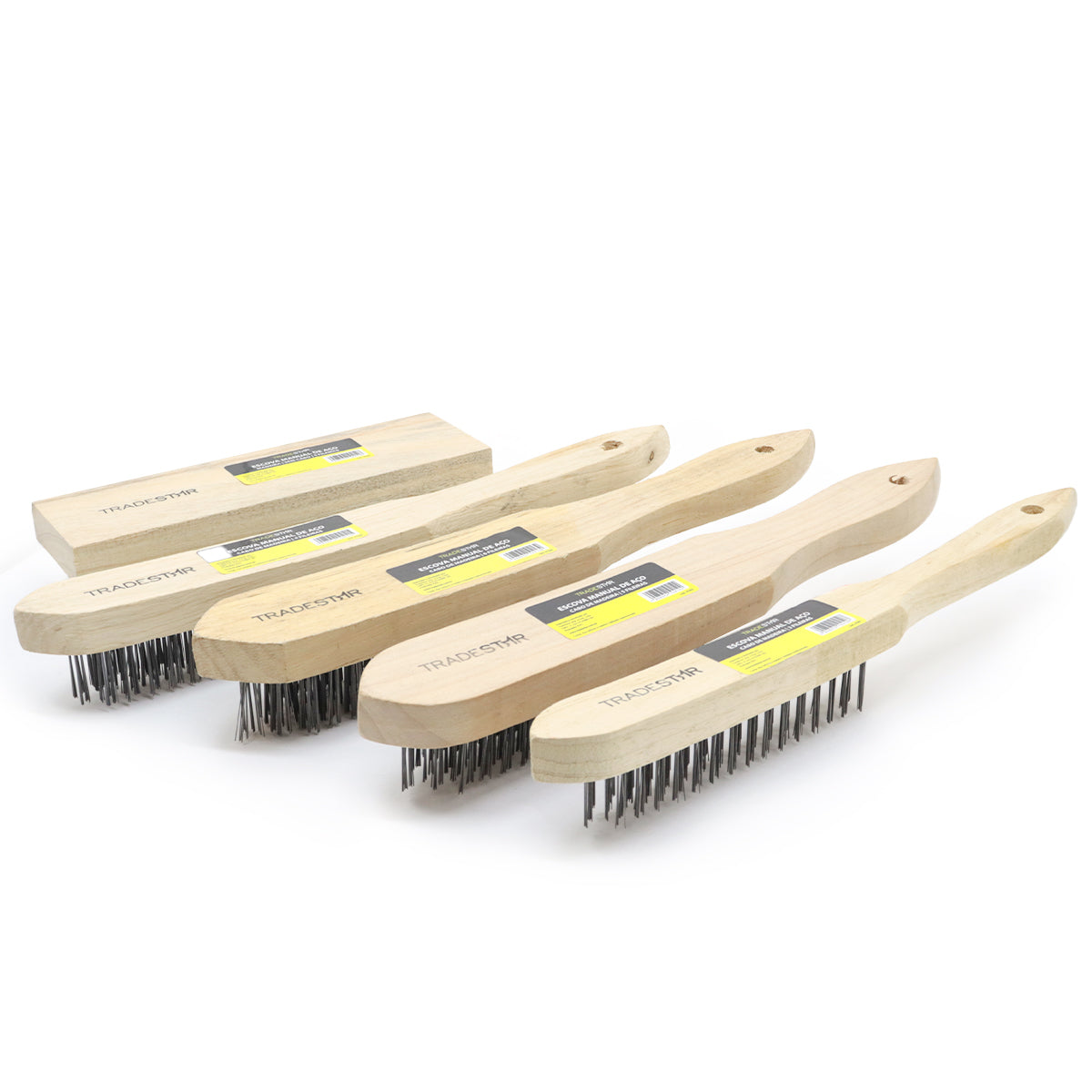 Kit com 5 escovas de aço com cabo de madeira Tradestar para limpeza e preparação de superfícies. Inclui escovas manuais com 3, 4, 5 e 6 fileiras de cerdas, além de uma escova sem cabo. Ideal para remover ferrugem, sujeira e resíduos em projetos de bricolagem e uso geral.