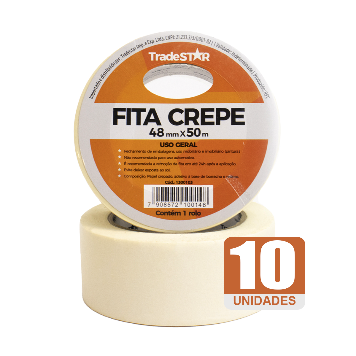 Kit com 10 rolos de fita adesiva crepe de papel TradeStar 48mm x 50m, ideal para pintura, vedação, embalagens e uso geral. Fita de alta resistência, fácil de remover e aplicar, com adesivo que não deixa resíduos. Perfeita para projetos diversos, com envio rápido e seguro.