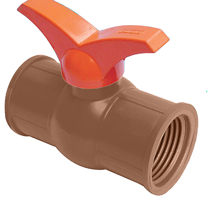 Registro de esfera 3/4" com rosca interna Akato em PVC marrom com alavanca laranja, ideal para sistemas hidráulicos de água fria. Válvula de esfera para controle de fluxo, bitola de 3/4 polegadas.