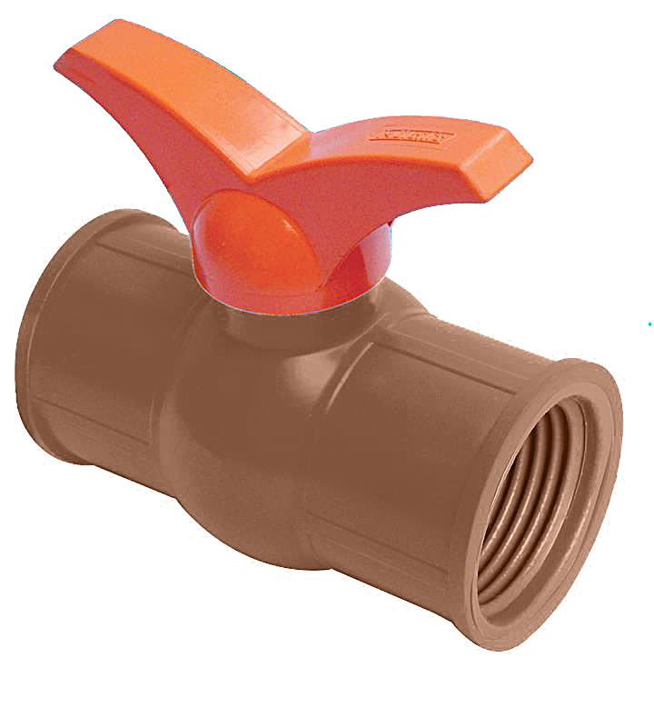 Registro de esfera 3/4" com rosca interna Akato em PVC marrom com alavanca laranja, ideal para sistemas hidráulicos de água fria. Válvula de esfera para controle de fluxo, bitola de 3/4 polegadas.