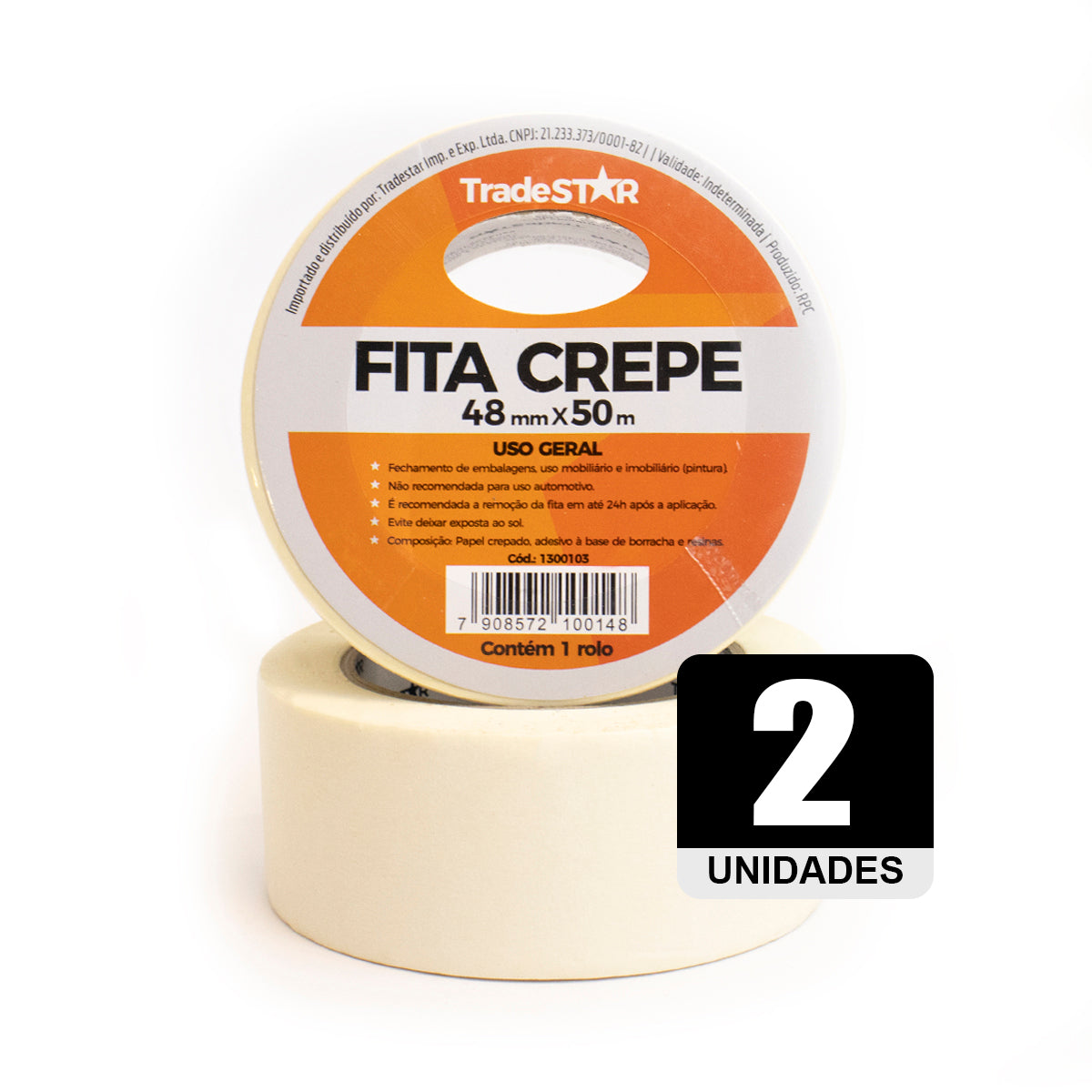 Fita Crepe Papel 48mm x 50m TradeStar - Kit com 2 rolos para uso geral em pinturas, embalagens e fixação temporária. Fita adesiva de alta resistência, fácil de remover e ideal para diversas aplicações. Compre agora!