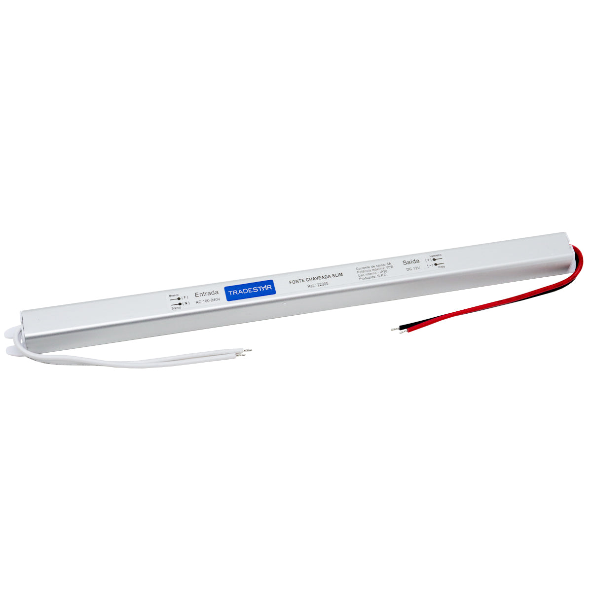 Fonte Driver Slim Mini 12v 60w 5a Bivolt para Fita LED e CFTV - Tradestar. Fonte chaveada compacta e eficiente, ideal para alimentar fitas de LED, com entrada AC 100-240V e saída DC 12V. Perfeita para projetos de iluminação e CFTV.