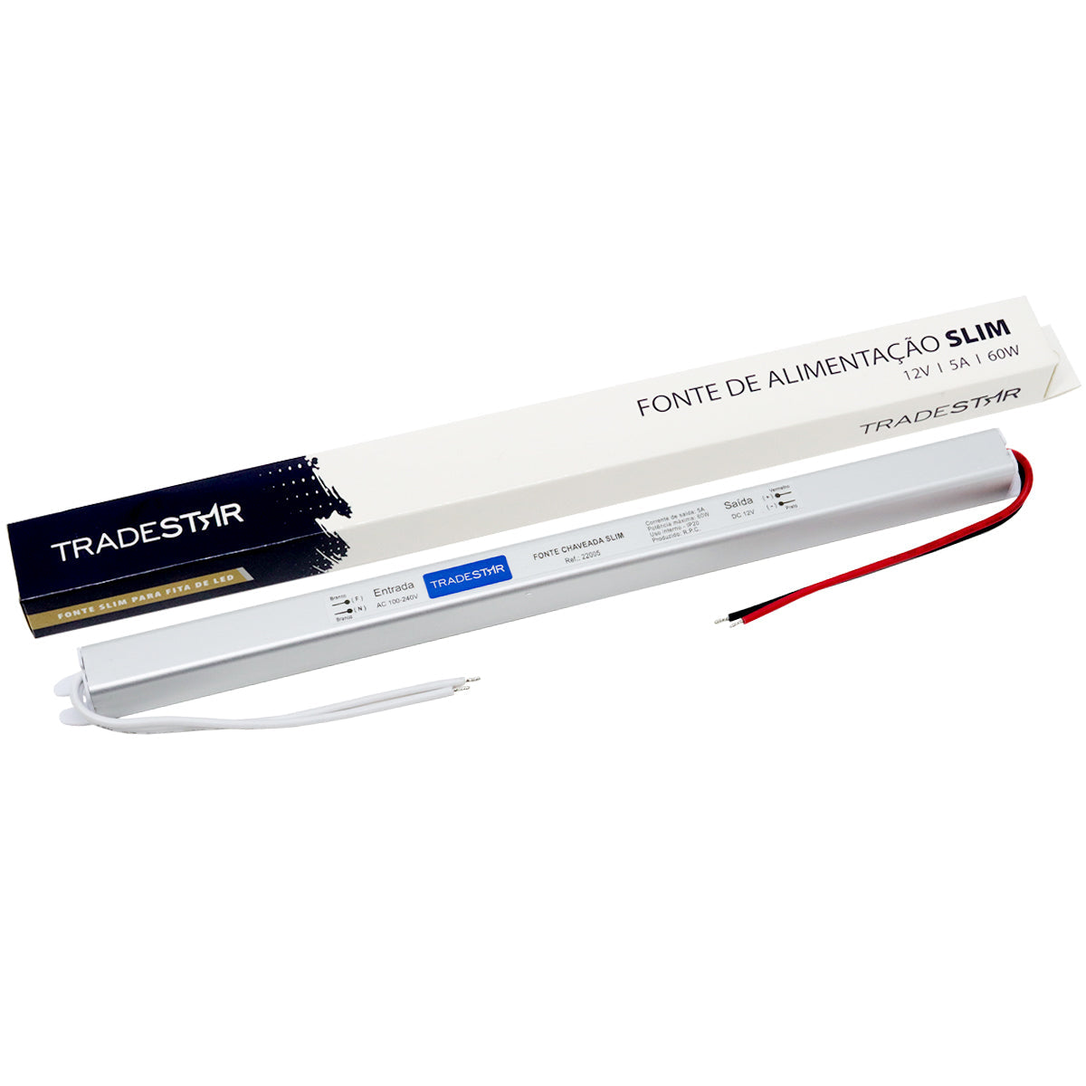 Fonte Driver Slim Mini 12v 60w 5a Bivolt para Fita LED CFTV - Tradestar. Fonte de alimentação compacta e eficiente, ideal para fitas de LED. Bivolt, 12V, 5A, 60W. Perfeita para iluminação decorativa e CFTV.
