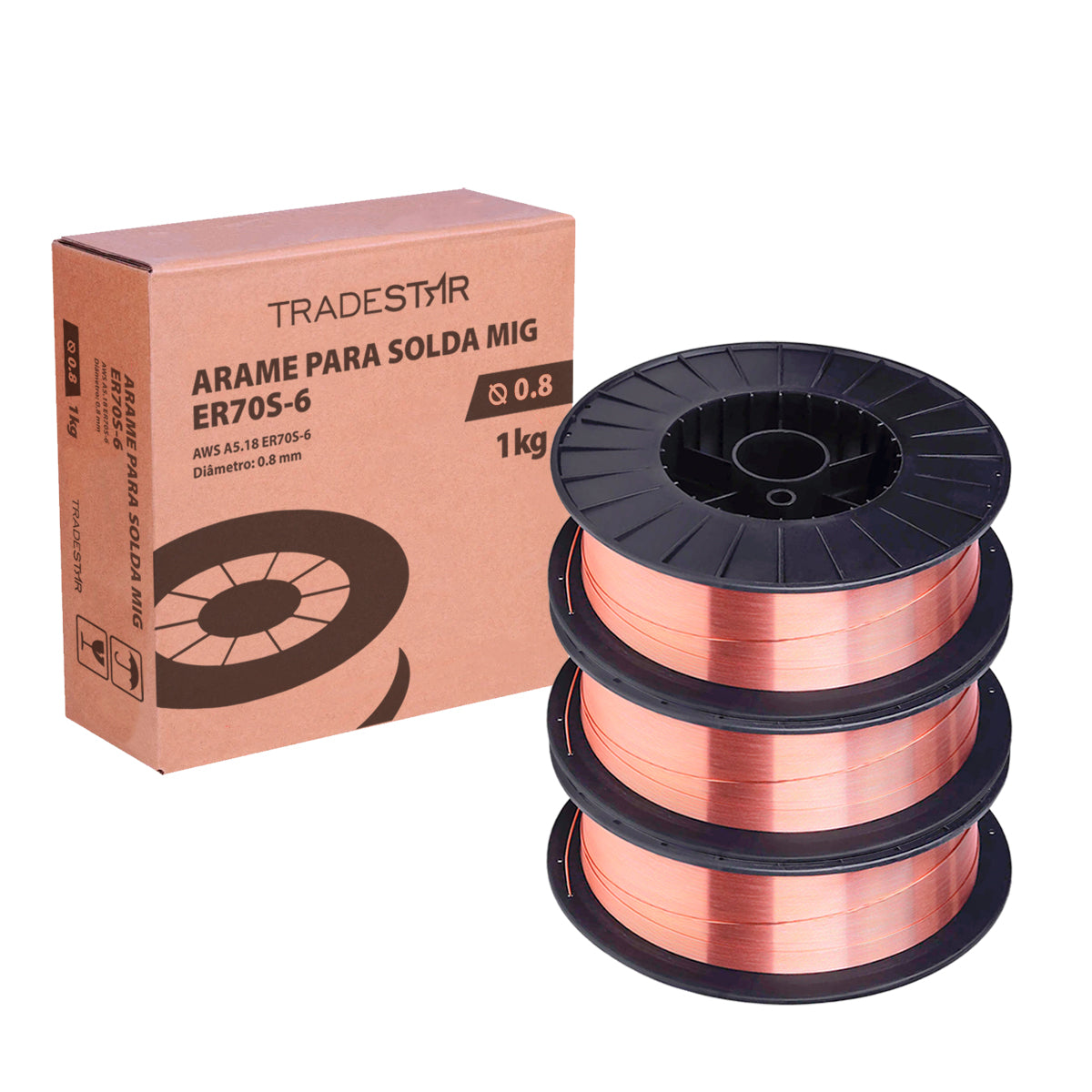 Kit 3 Rolos Arame para Solda MIG com Gás 0,8 mm 1Kg ER70S-6 Tradestar - Ideal para soldagem de aço carbono e baixa liga, proporcionando ótima fusão, penetração e resistência à corrosão. Perfeito para soldas limpas e precisas em diversos projetos.
