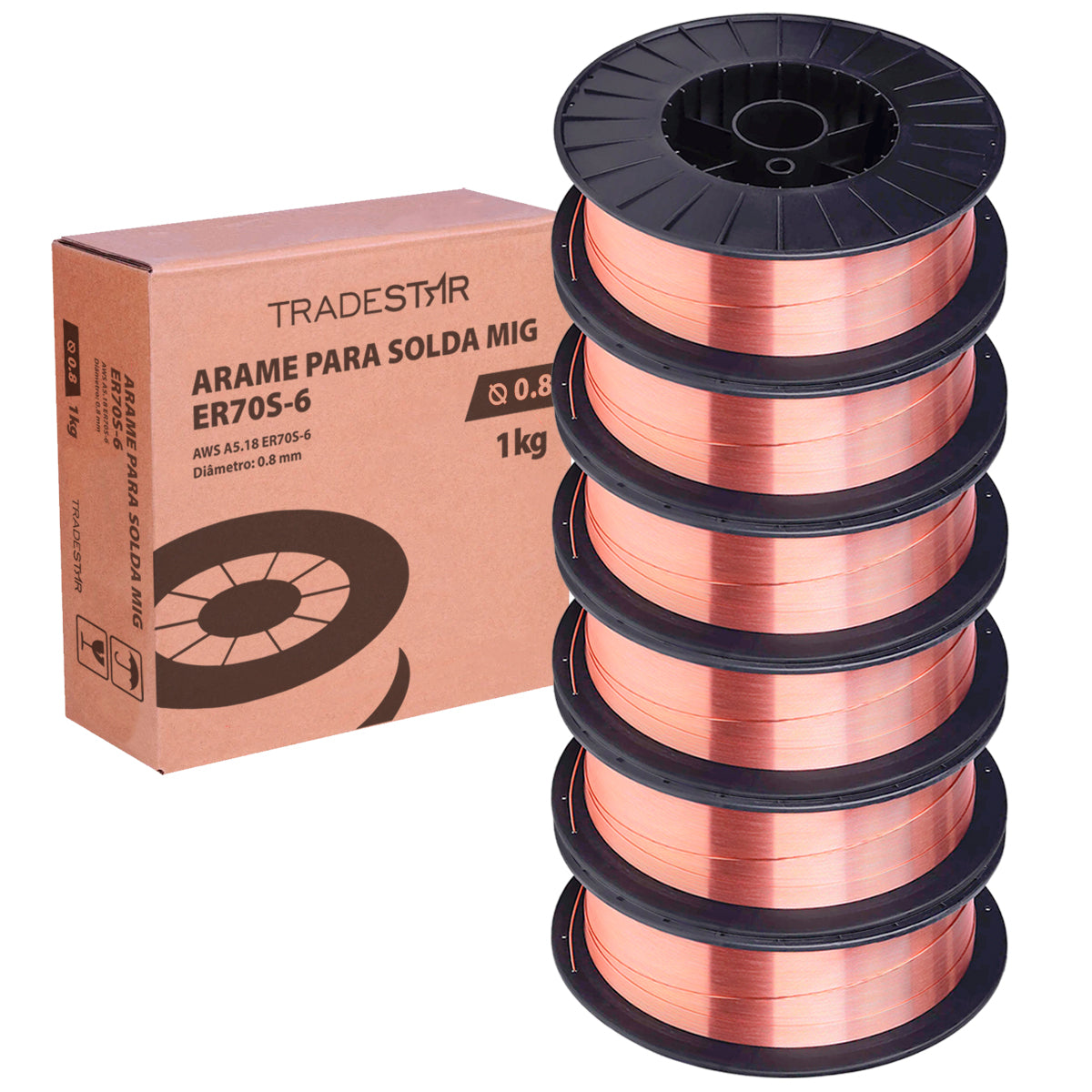 Kit com 6 rolos de arame para solda MIG com gás 0,8mm 1kg ER70S-6 Tradestar, ideal para soldagem de aço carbono e baixa liga. Arame de alta qualidade, com ótima fusão, penetração e resistência à corrosão. Perfeito para soldas limpas e precisas em projetos profissionais e para entusiastas.