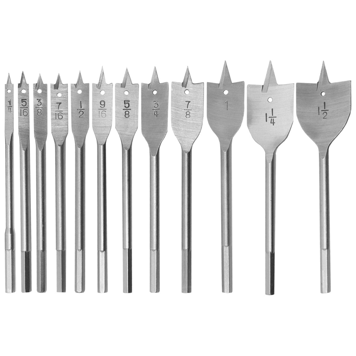 Jogo completo de 12 brocas chatas para madeira Tradestar, com tamanhos variados de 1/4" a 1.1/2". Ideal para perfurações precisas em projetos de marcenaria e uso doméstico. Brocas de aço de alta qualidade, com pontas afiadas para cortes limpos. Kit completo para furadeira, perfeito para profissionais e hobbistas.