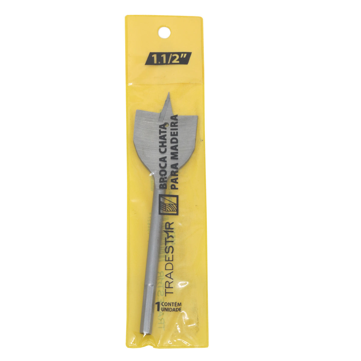 Broca chata para madeira Tradestar 1.1/2" em embalagem amarela. Ferramenta para perfuração precisa em madeira, ideal para marcenaria e uso doméstico. Jogo completo disponível.