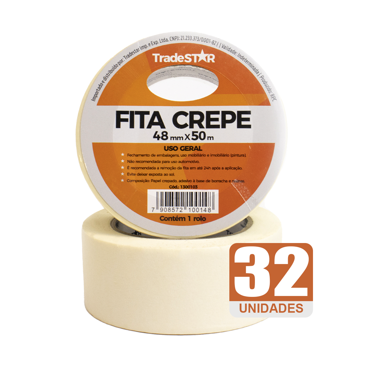 Fita adesiva crepe de papel TradeStar 48mm x 50m, kit com 32 rolos, ideal para uso geral em pinturas, embalagens e fixação temporária. Fita de alta resistência, fácil de remover e adapta-se a superfícies irregulares. Produto novo, original, com garantia e envio rápido.