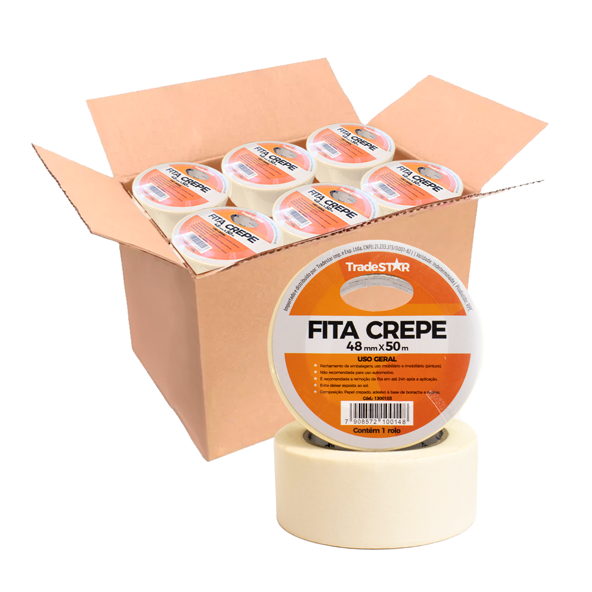 Kit com 200 rolos de fita crepe de papel 48mm x 50m TradeStar, ideal para uso geral em embalagens, mobiliário e imobiliário. Fita adesiva de alta qualidade, fácil de aplicar e remover, com envio imediato e nota fiscal.